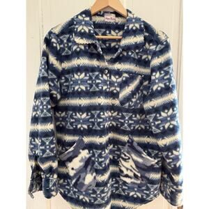 VTG Alpine Ridge Fleece Sweater Cardigan M Blue Aztec Southwestern Scalloped hem